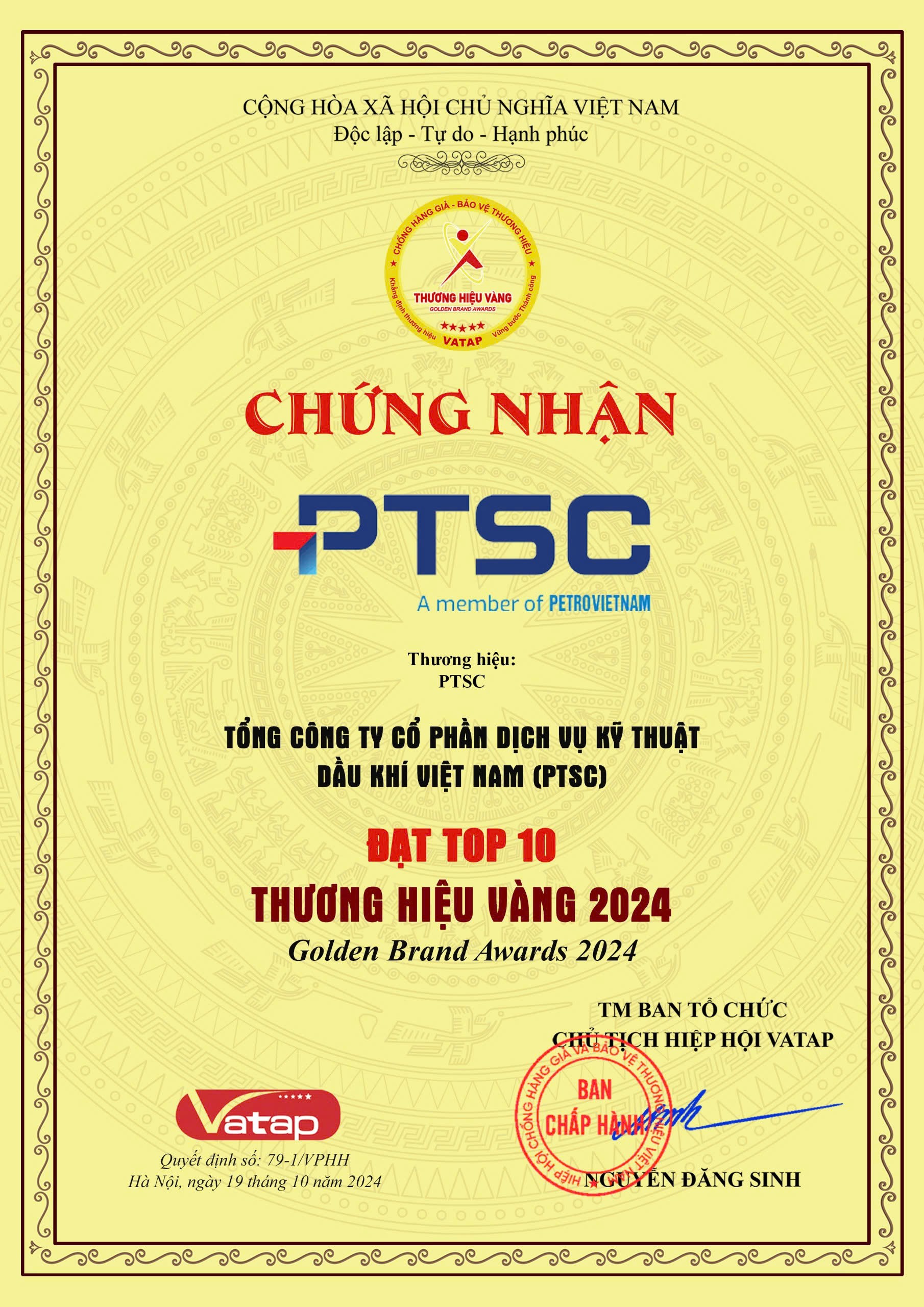 PTSC được vinh danh Thương hiệu vàng Việt Nam 2024